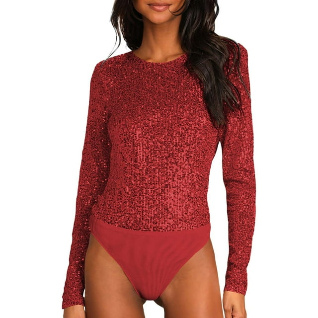 Women's Seamless Sequins Bodysuit Long Sleeved Tight Tops Nightclub Sparkly Glitter Jumpsuit Elastic Slim Fit Shirt Lady Going Out Body Suits