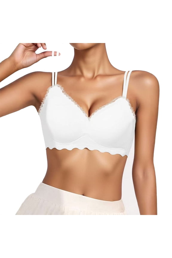 Women's Seamless Sports Bra - Lace Wireless Bralette Double-Strap Adjustable Cross-Back V-Neck Comfortable Everyday Bras Lightly Padded Wireless Bra White M