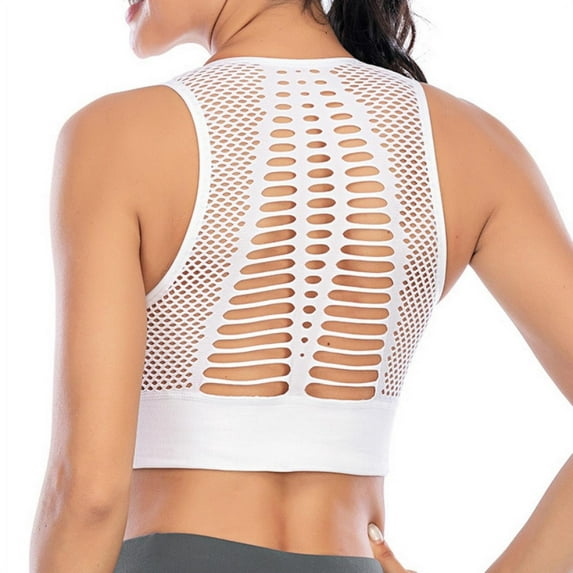 Women's Seamless Sports Bra Mesh Breathable Openwork Athletic Workout Tank Tops Longline Gym Fitness Running Yoga Tops