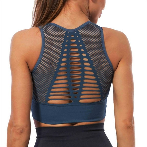 Women's Seamless Sports Bra Mesh Breathable Openwork Athletic Workout Tank Tops Longline Gym Fitness Running Yoga Tops