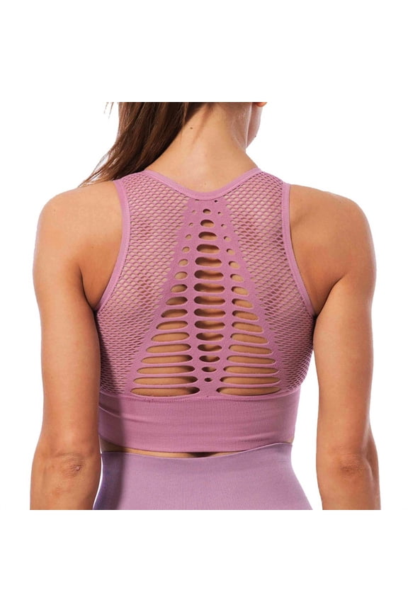 Women's Seamless Sports Bra Mesh Breathable Openwork Athletic Workout Tank Tops Longline Gym Fitness Running Yoga Tops