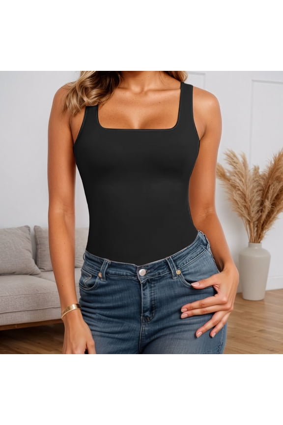 Women's Seamless Square Neck Compression Tank Top Shirt for Shapewear and Workout,Black,XXL