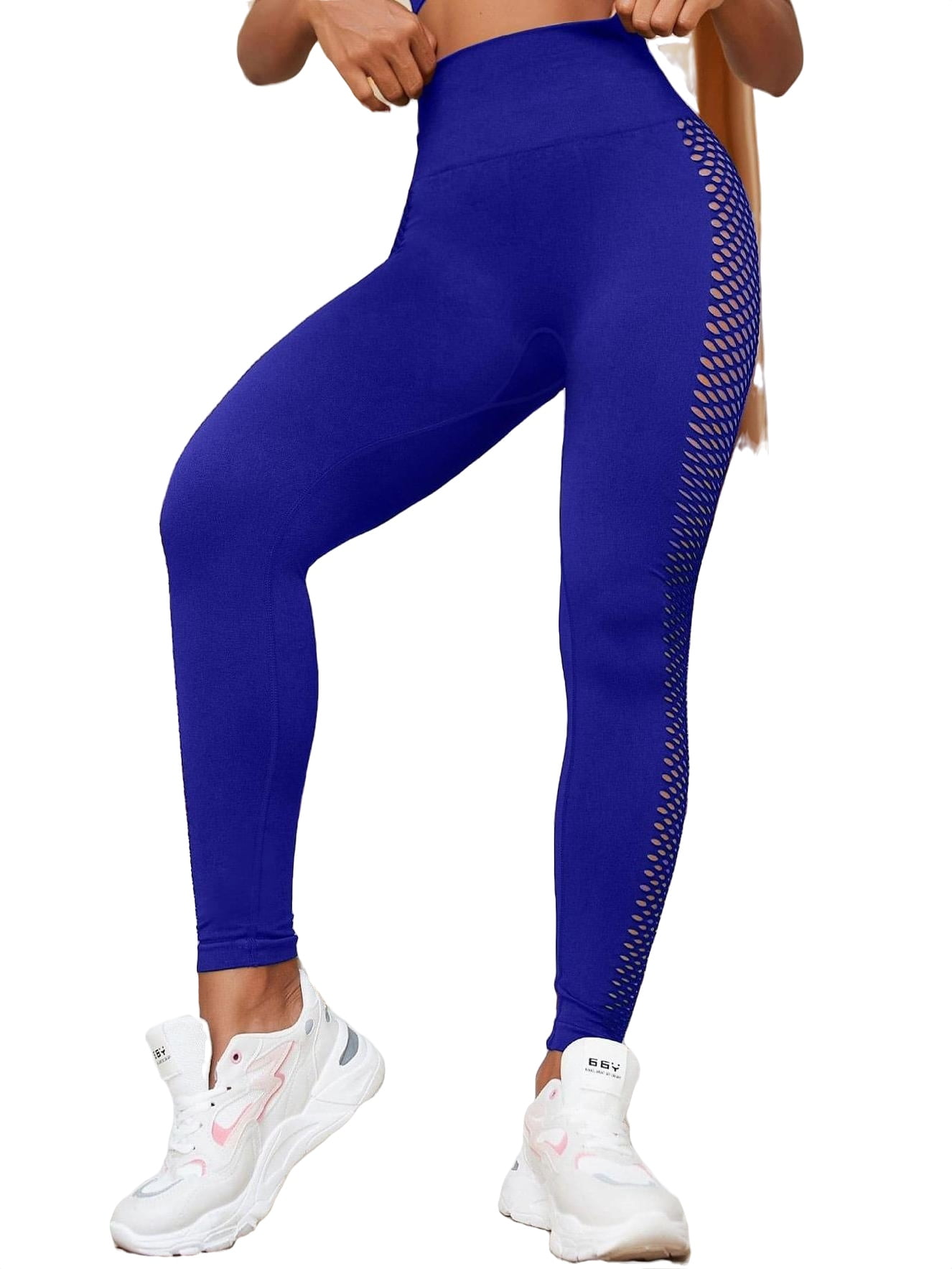 Women's Seamless Super Elastic Fishnet Insert Sports Leggings Royal Blue  S(4) 