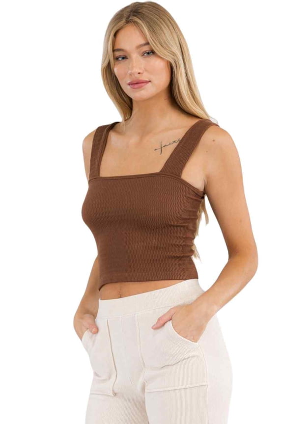 Women’s Seamless Textured Crop Tank, Coffee, SM