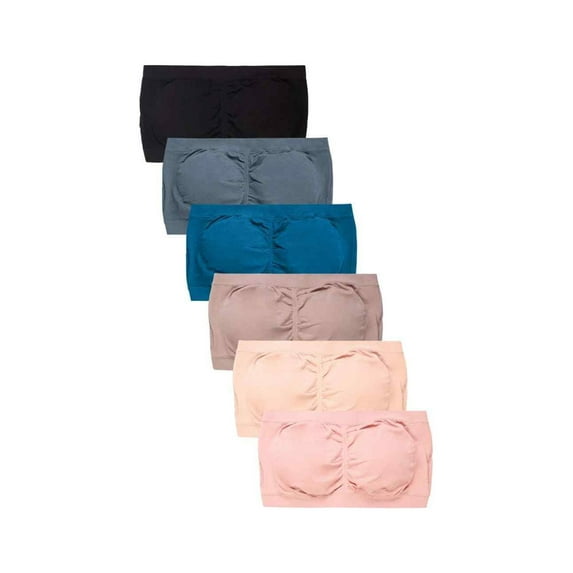 Women's Seamless Tube Top Removable Pads Bandeau (Black/Grey/Blue/Taupe/Nude/Dusty Pink), One Size, 6-Pack