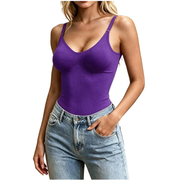 Women's Seamless V-Neck Cami Bodysuit Built-in Bra Adjustable Spaghetti Straps Slim Fit Tank Top
