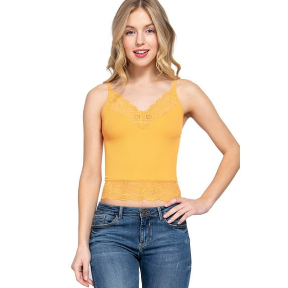Women's Seamless V-Neck Cami Top with Lace Detail – Ribbed Stretch Fabric Golden Yellow,Medium