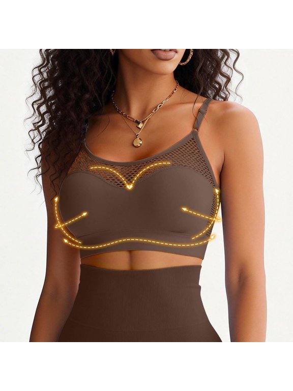 Women's Seamless Wireless Cooling Bra Y2K Fishnet Hollow Out Camisole Top Unpadded Bralette Sexy Crop Top for Going Out Brown M