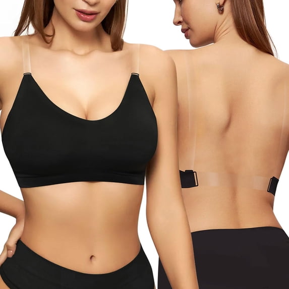 Women's Seamless Wireless Sheer Lightweight Bra Side Back Support Black Comfortable Everyday Wear with Adjustable Straps