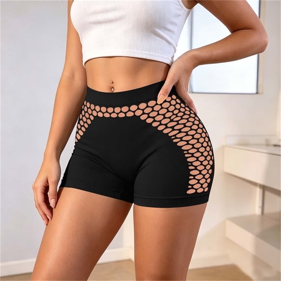 Women's Seamless Workout Shorts, High Waist & Stylish Mesh Cutouts, Breathable Support for Gym & Casual Looks Black L