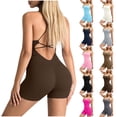 thumbnail image 1 of Women’s Seamless Yoga Jumpsuit One Piece Workout Romper, Backless Criss Cross Spaghetti Strap Bodycon Short Bodysuit for Gym Fitness Running Pilates Brown L, 1 of 7