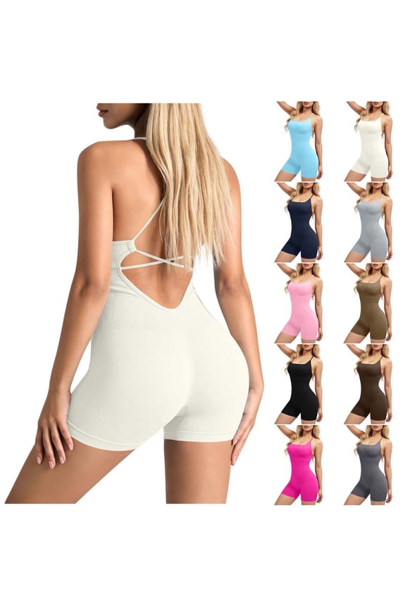 Women’s Seamless Yoga Jumpsuit One Piece Workout Romper, Backless Criss Cross Spaghetti Strap Bodycon Short Bodysuit for Gym Fitness Running Pilates White L