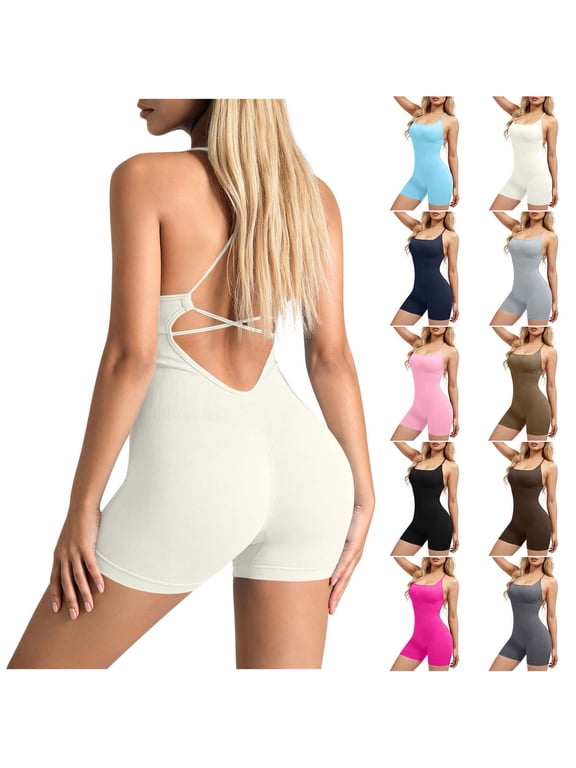 Women’s Seamless Yoga Jumpsuit One Piece Workout Romper, Backless Criss Cross Spaghetti Strap Bodycon Short Bodysuit for Gym Fitness Running Pilates White L