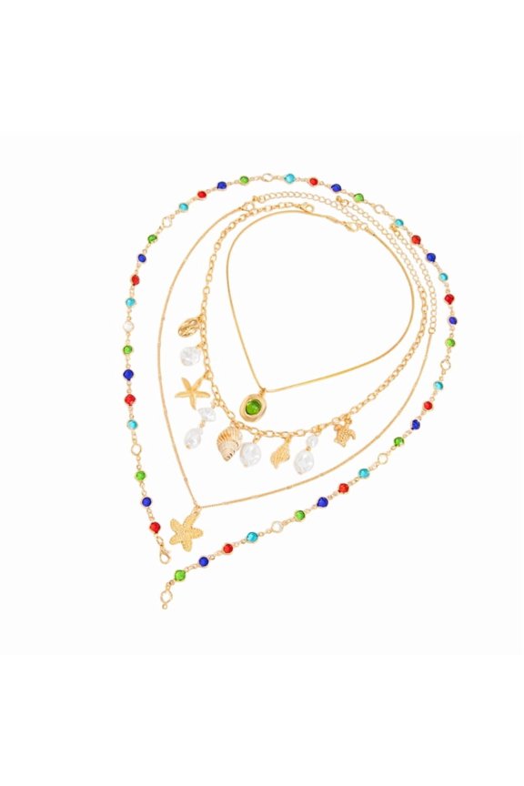Womens Seashells Necklace Set 4Pcs Mixed Material Chains Elegant Shell Collar Set For Chic Layering Outfit