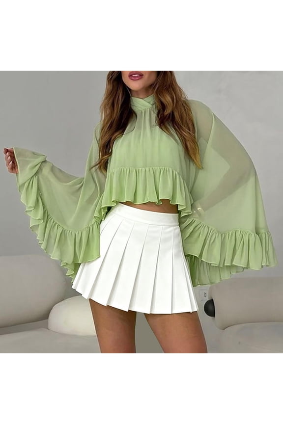 Women's See-Through Chiffon Mesh Top, Ruffle Hem Capelet Poncho, Sheer Bat Sleeve Blouse for Wedding, Evening Dress, and Beach Cover Up Green
