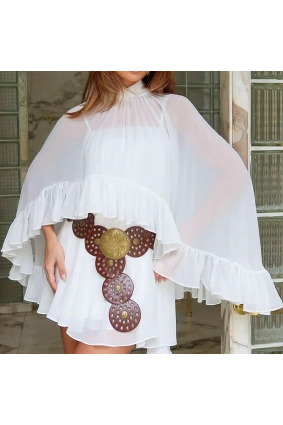 Women's See-Through Chiffon Mesh Top, Ruffle Hem Capelet Poncho, Sheer Bat Sleeve Blouse for Wedding, Evening Dress, and Beach Cover Up White