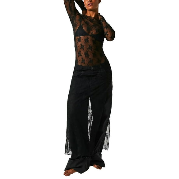 Women’s See-Through Lace Dress, Long Sleeve Round Neck Slit Hem Dress Chemise Beach Vacation Party Wear