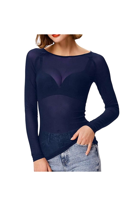 Women’s See Through Mesh Long Sleeve Top, Seamless Sheer Layering Blouse, Lightweight Transparent Casual Undershirt, 5 Colors Sizes S–XXL