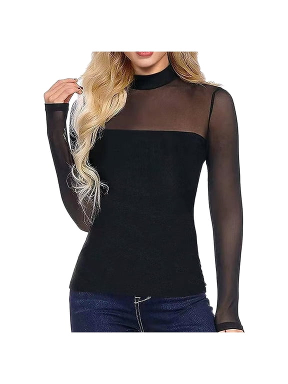 Women's See Through Mesh Tops Long Sleeve Neck Sheer Tee Top Casual Club Party T Shirts Tech Apparel XL
