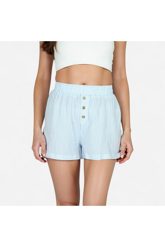 Women's Seersucker Stripe Lounge Shorts with Elastic Waistband and Decorative Button Front - Medium, Blue