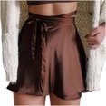 thumbnail image 1 of Women's Self Belted Overlap Adjustable Wrap Tie Knot Belt High Waist Satin Soft Silky Skater Mini Short A Line Skirt, 1 of 5