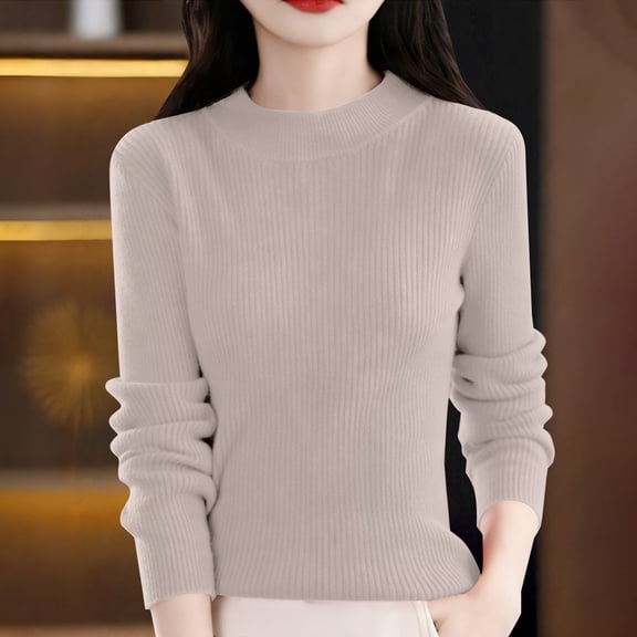 Women's Semi High Neck Sweater, Solid Color Textured Pullover, Soft Knit Casual Sweater, Warm Everyday Winter Top, Slim Fit Turtleneck Sweater Light Ashy S