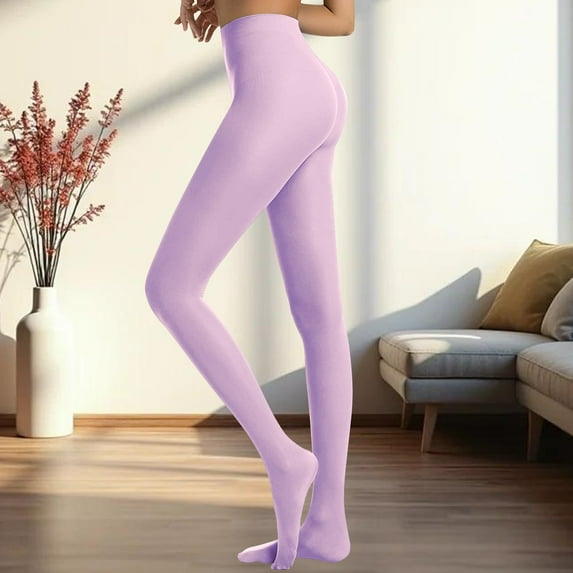 Women's Semi-Opaque Footed Tights, Solid Color Pantyhose, 13 Color Options, Tummy Control Leggings, Everyday Comfort Wear, Versatile Opaque Tights - Light Violet