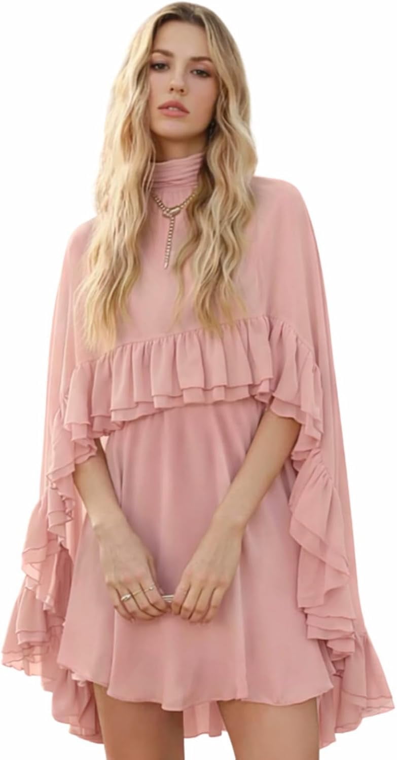 semi-sheer chiffon ruffle dress with outer cape Womens Semi Sheer Chiffon Ruffle Dress with Outer Cape, Poncho Sleeve  Flowy Mini Dress, Loose Fit Elegant Summer Dress