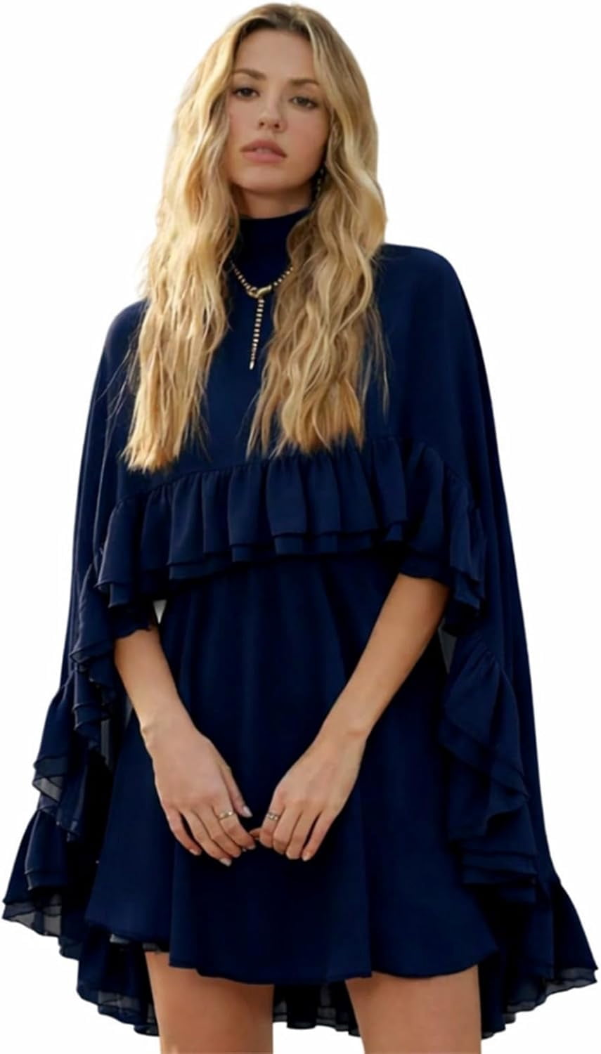 semi-sheer chiffon ruffle dress with outer cape Women’s Semi Sheer Chiffon Ruffle Dress with Outer Cape, Poncho Sleeve  Flowy Mini Dress, Loose Fit Elegant Summer Dress
