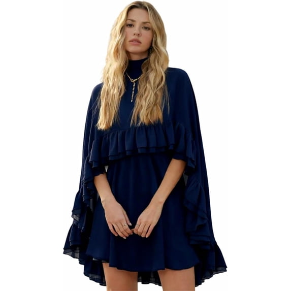 Women’s Semi Sheer Chiffon Ruffle Dress with Outer Cape, Poncho Sleeve Flowy Mini Dress, Loose Fit Elegant Summer Dress