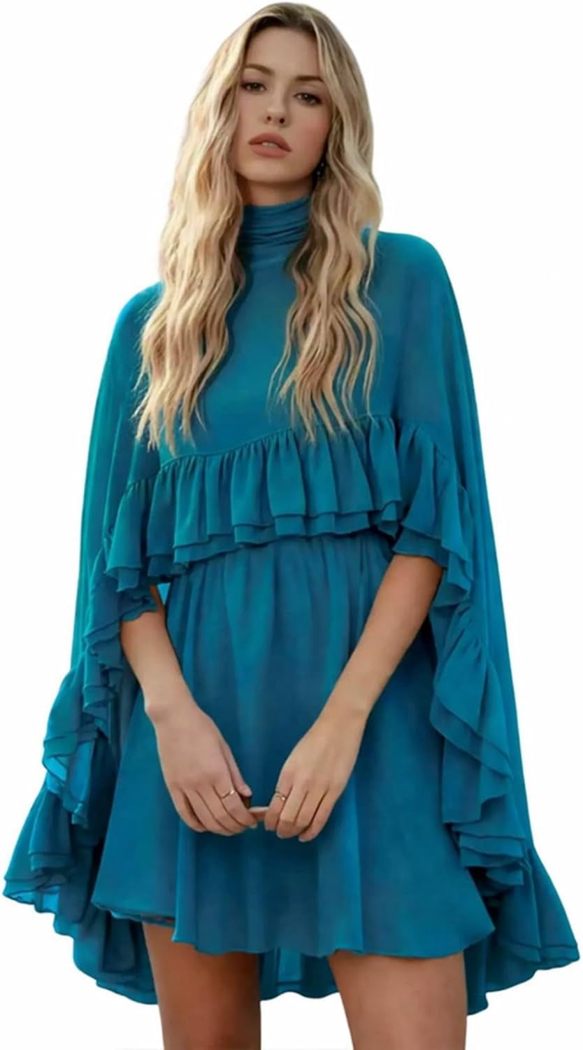 semi-sheer chiffon ruffle dress with outer cape Womens Semi Sheer Chiffon Ruffle Dress with Outer Cape, Poncho Sleeve  Flowy Mini Dress, Loose Fit Elegant Summer Dress