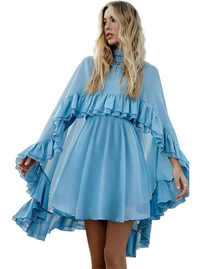 Women's Semi Sheer Chiffon Ruffle Dress with Outer Cape, Poncho Sleeve Flowy Mini Dress, Loose Fit Elegant Summer Dress