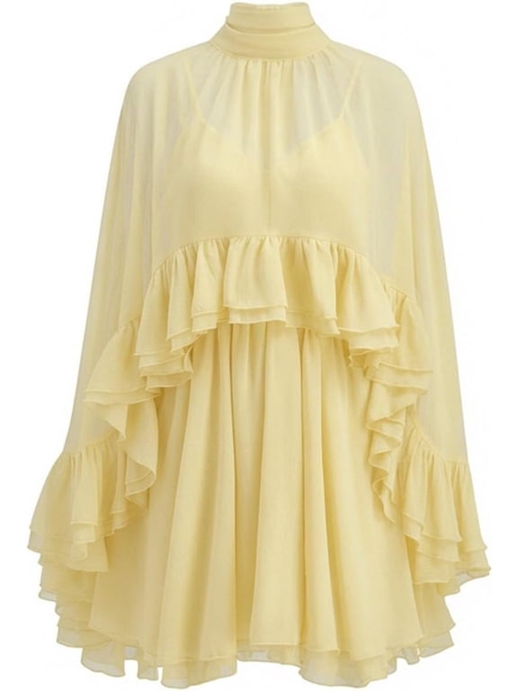 Women’s Semi Sheer Chiffon Ruffle Dress with Outer Cape, Poncho Sleeve Flowy Mini Dress, Loose Fit Elegant Summer Dress