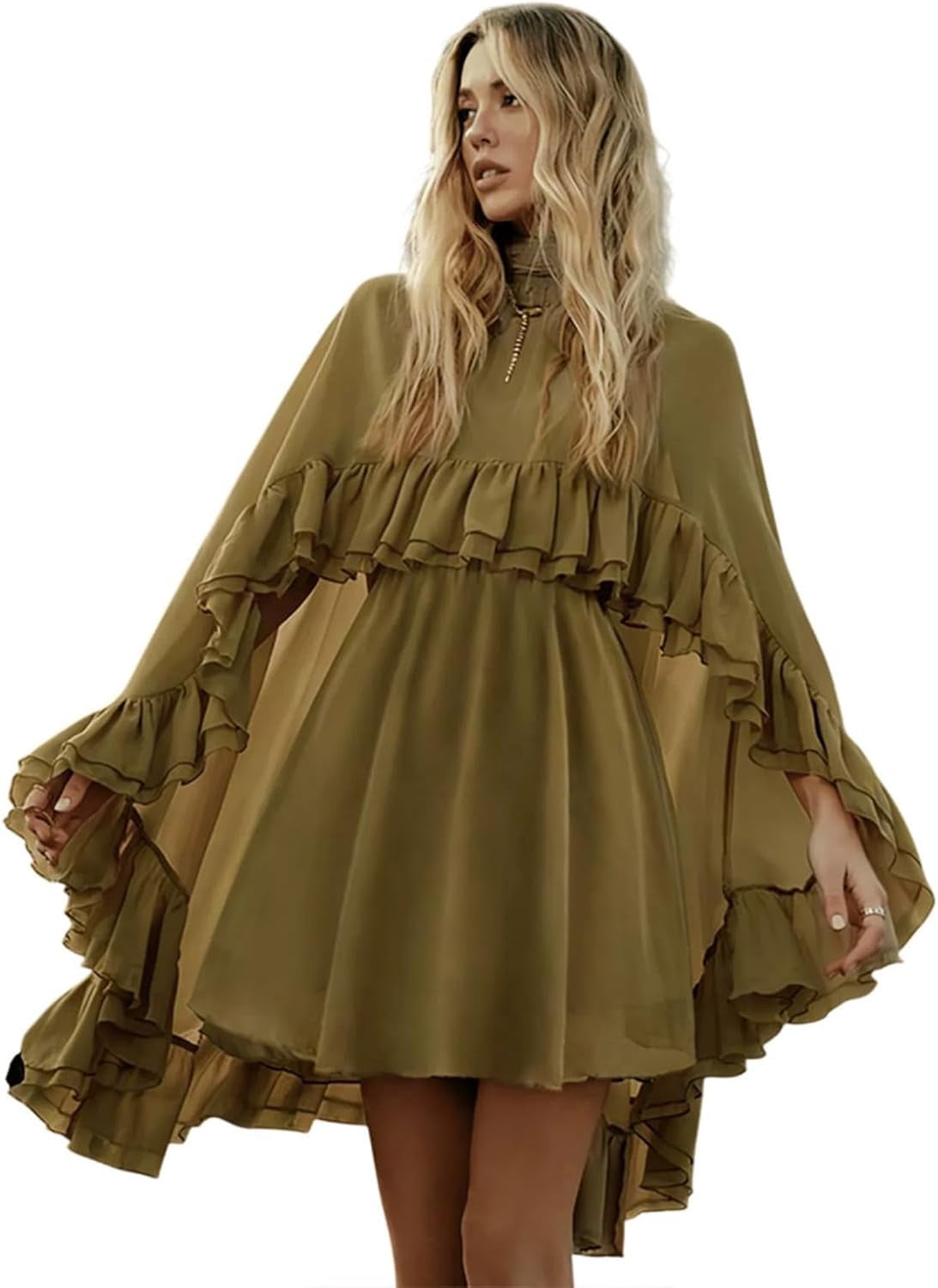 semi-sheer chiffon ruffle dress with outer cape Womens Semi Sheer Chiffon Ruffle Dress with Outer Cape, Poncho Sleeve  Flowy Mini Dress, Loose Fit Elegant Summer Dress
