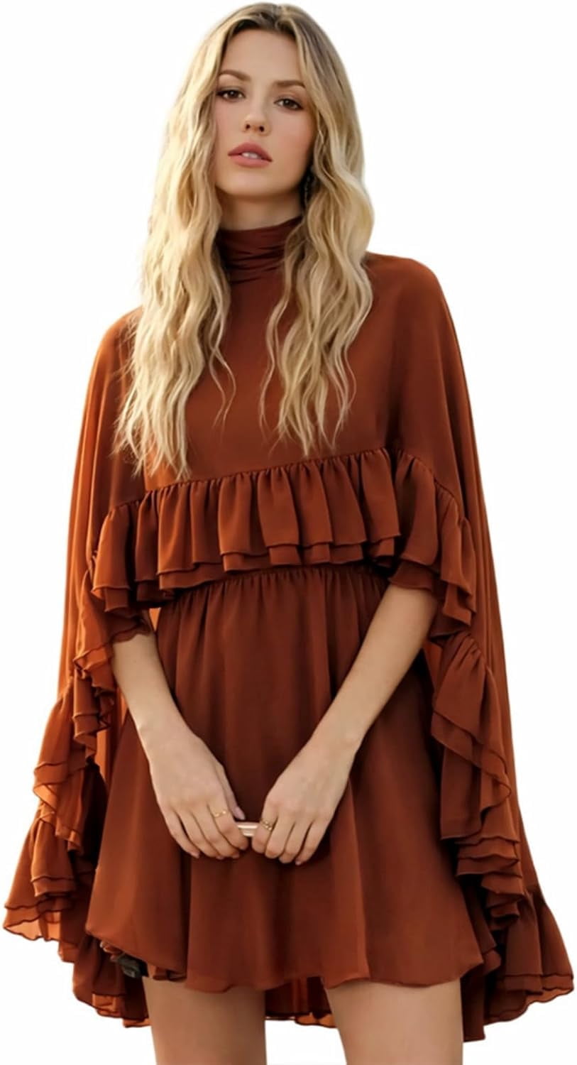 semi-sheer chiffon ruffle dress with outer cape Semi-sheer chiffon ruffle dress with outer cape - Black