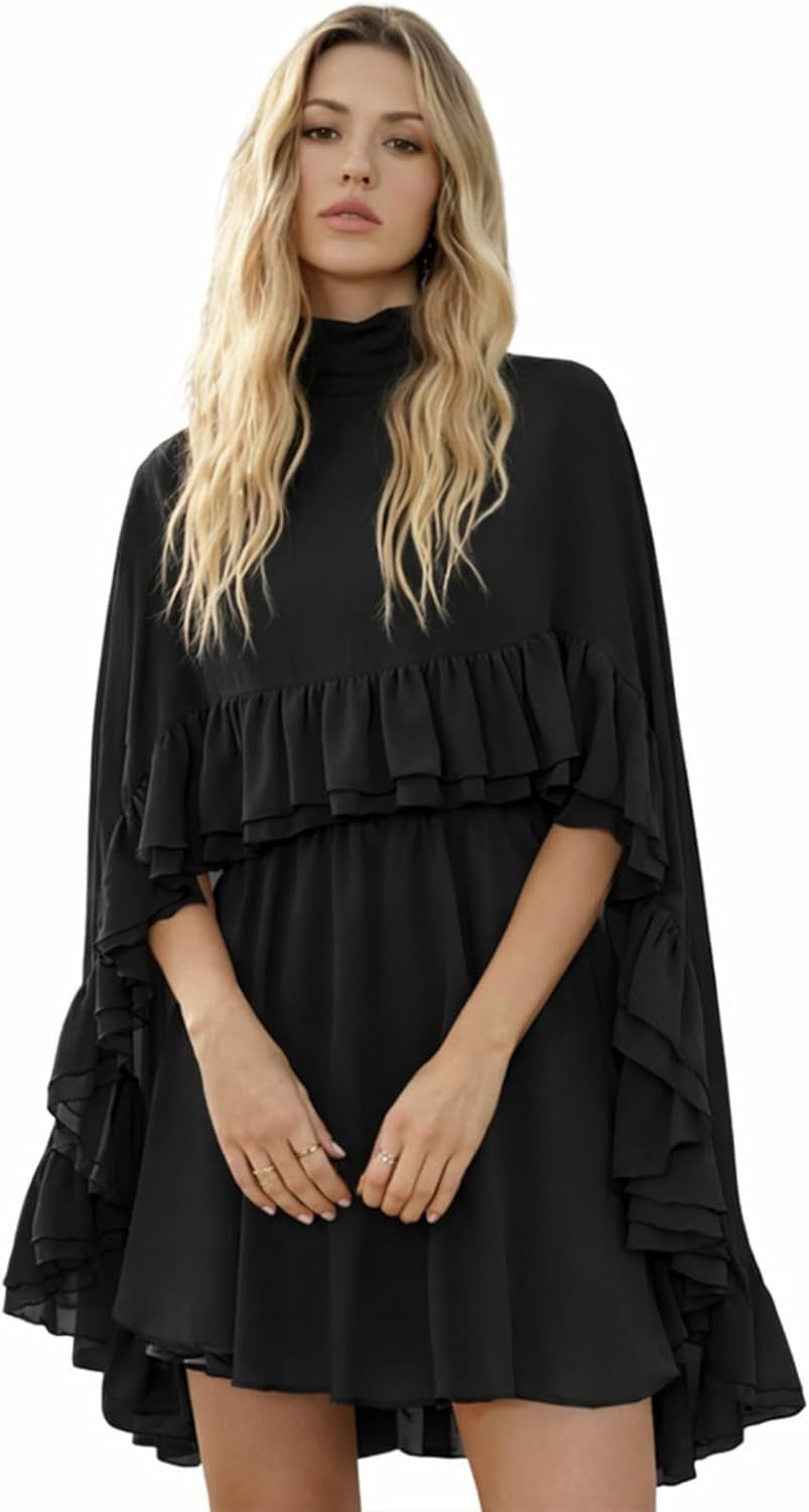 chiffon ruffle dress with outer cape Women's Semi Sheer Chiffon Ruffle Dress with Outer Cape, Poncho Sleeve Flowy Mini Dress, Loose Fit Elegant Summer Dress
