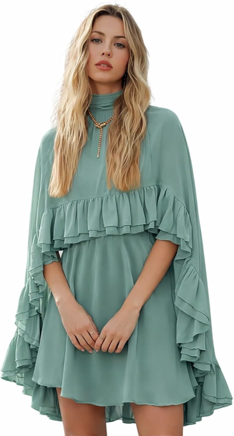 chiffon ruffle dress with outer cape Women's Semi Sheer Chiffon Ruffle Dress with Outer Cape, Poncho Sleeve Flowy Mini Dress, Loose Fit Elegant Summer Dress