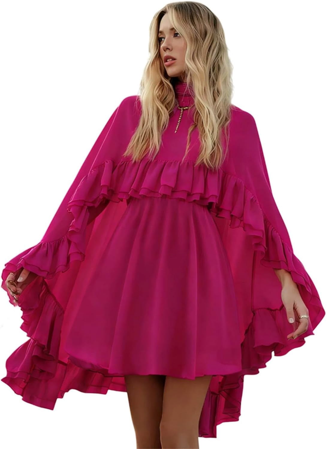 chiffon ruffle dress with outer cape Womens Semi Sheer Chiffon Ruffle Dress with Outer Cape, Poncho Sleeve Flowy Mini Dress, Loose Fit Elegant Summer Dress