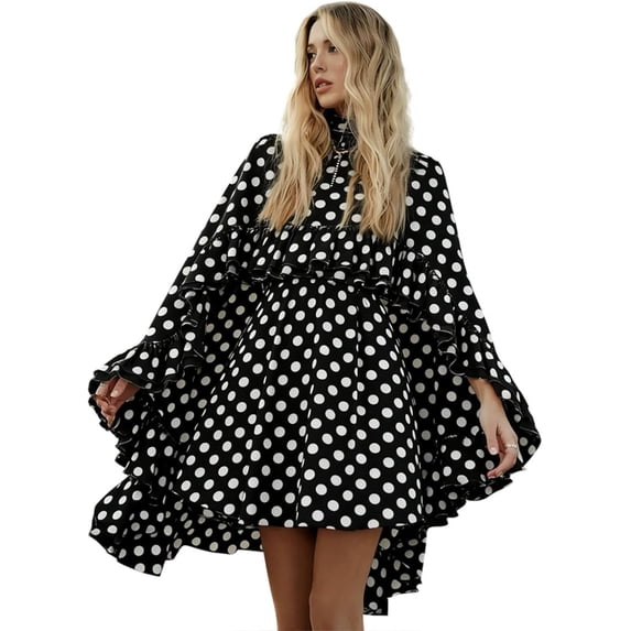 Women’s Semi Sheer Chiffon Ruffle Dress with Outer Cape, Poncho Sleeve Flowy Mini Dress, Loose Fit Elegant Summer Dress