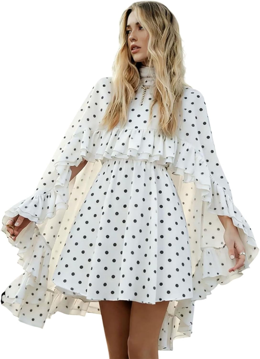 loose fitting chiffon dresses Womens Semi Sheer Chiffon Ruffle Dress with Outer Cape, Poncho Sleeve  Flowy Mini Dress, Loose Fit Elegant Summer Dress