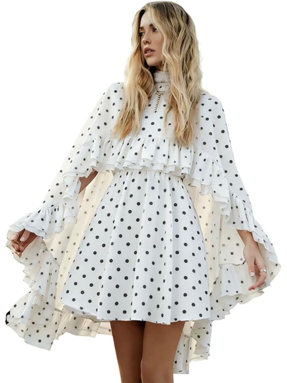 Women’s Semi Sheer Chiffon Ruffle Dress with Outer Cape, Poncho Sleeve Flowy Mini Dress, Loose Fit Elegant Summer Dress