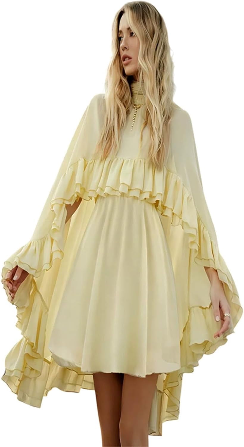 semi-sheer chiffon ruffle dress with outer cape Womens Semi Sheer Chiffon Ruffle Dress with Outer Cape, Poncho Sleeve  Flowy Mini Dress, Loose Fit Elegant Summer Dress