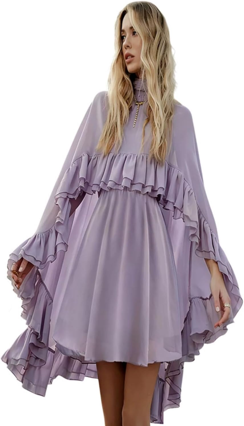 Womens Semi Sheer Chiffon Ruffle Dress with Outer Cape, Poncho Sleeve Flowy Mini Dress, Loose Fit Elegant Summer Dress Womens Semi Sheer Chiffon Ruffle Dress with Outer Cape, Poncho Sleeve Flowy Mini Dress, Loose Fit Elegant Summer Dress