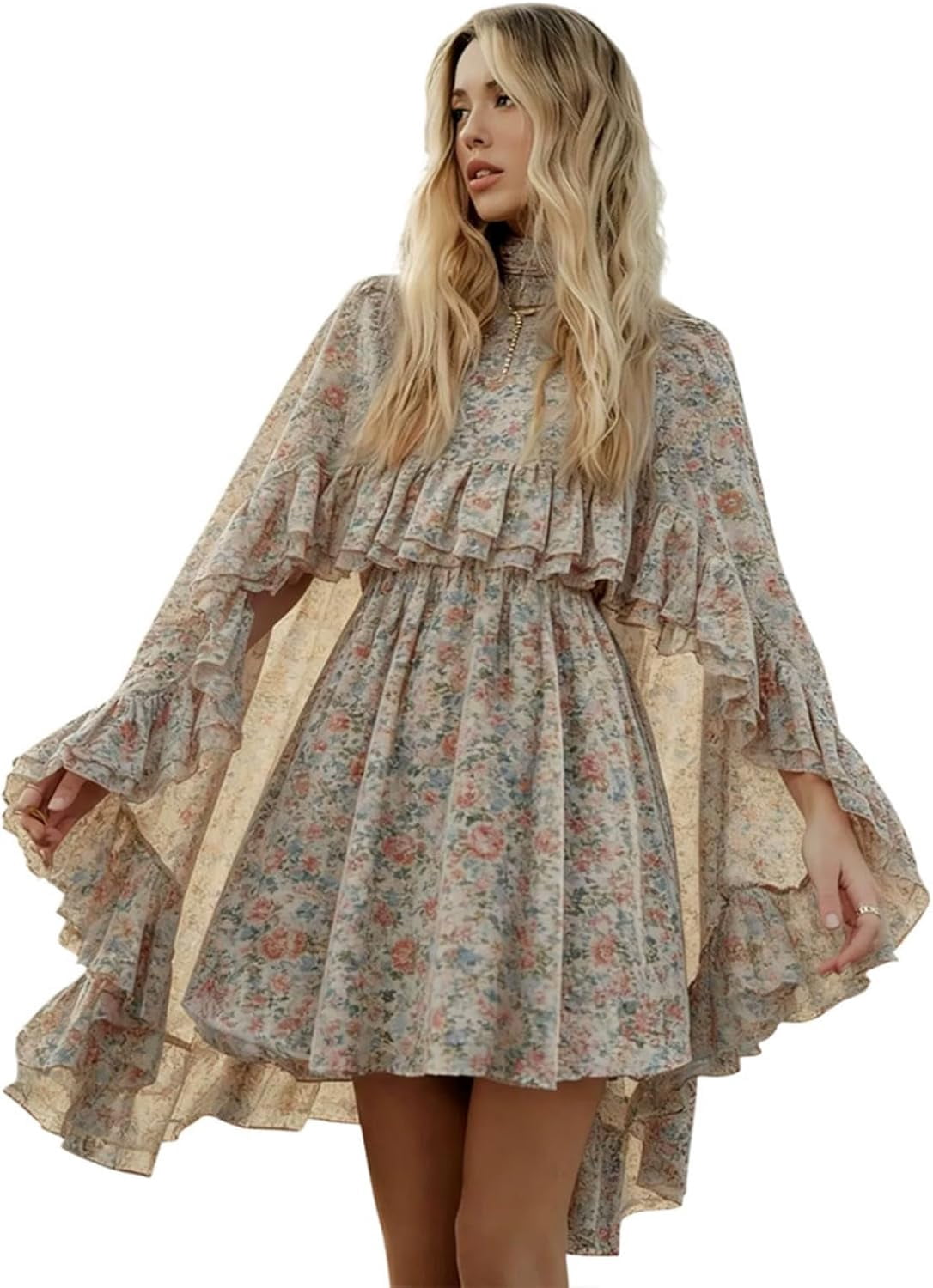 Womens Semi Sheer Chiffon Ruffle Dress with Outer Cape, Poncho Sleeve Flowy Mini Dress, Loose Fit Elegant Summer Dress Womens Semi Sheer Chiffon Ruffle Dress with Outer Cape, Poncho Sleeve Flowy Mini Dress, Loose Fit Elegant Summer Dress