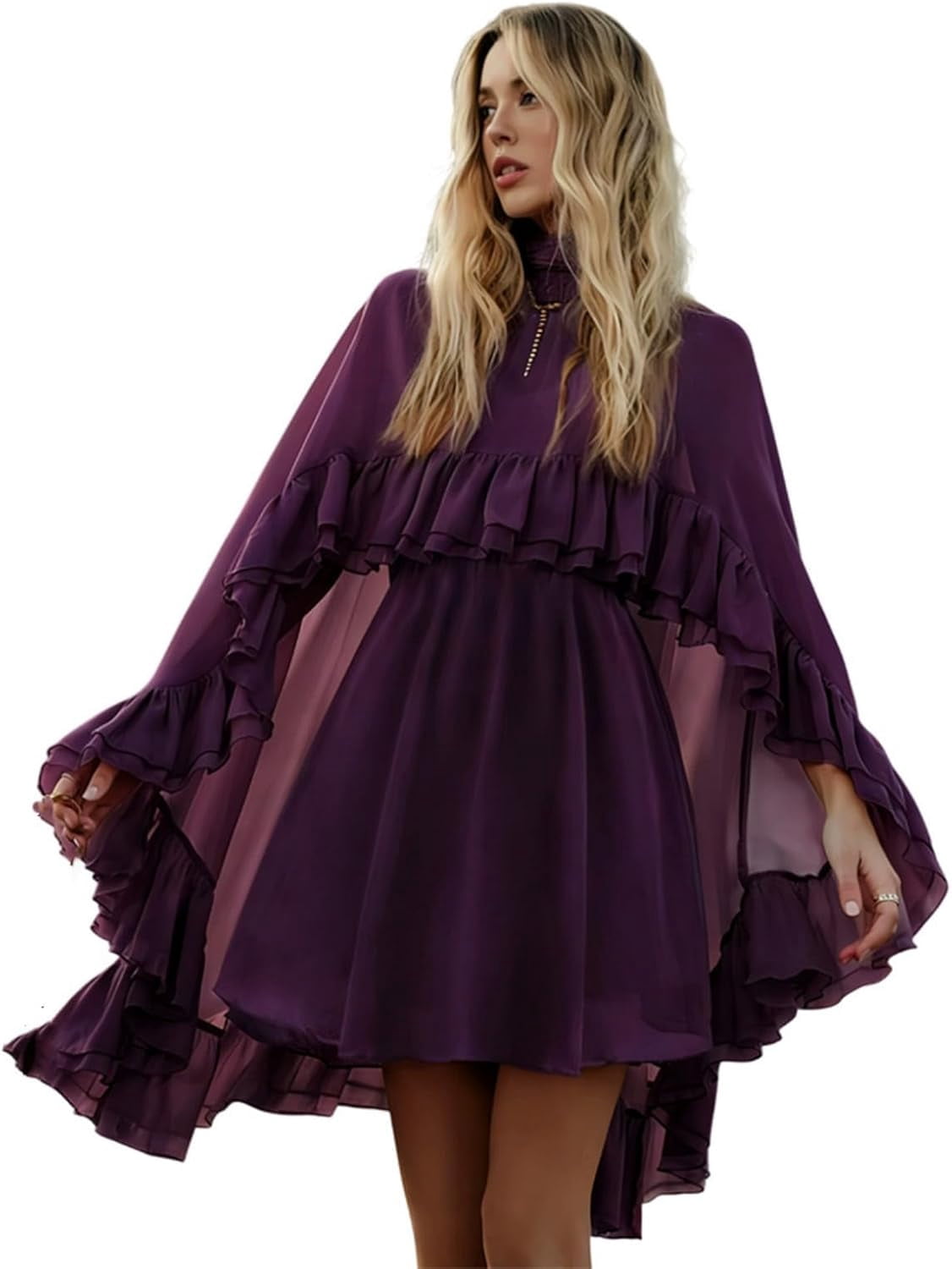 high neck sheer ruffle trim cape mini dress Women’s Semi Sheer Chiffon Ruffle Dress with Outer Cape, Poncho Sleeve  Flowy Mini Dress, Loose Fit Elegant Summer Dress