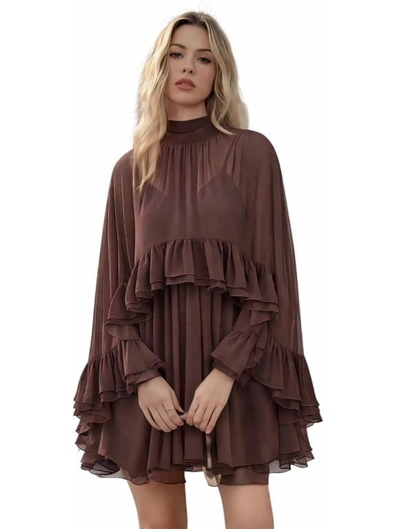 Women’s Semi Sheer Chiffon Ruffle Dress with Outer Cape, Poncho Sleeve Flowy Mini Dress, Loose Fit Elegant Summer Dress