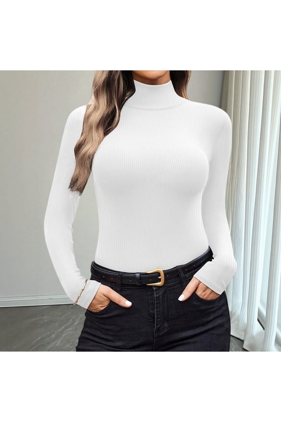 Women's Semi-Turtleneck Long Sleeve Top, Ribbed Texture Slim Fit Blouse, Soft Stretch Layering Piece, Lightweight Comfort Wear, Casual Fashion Basic Tee, Everyday Second Skin Feel White XXL