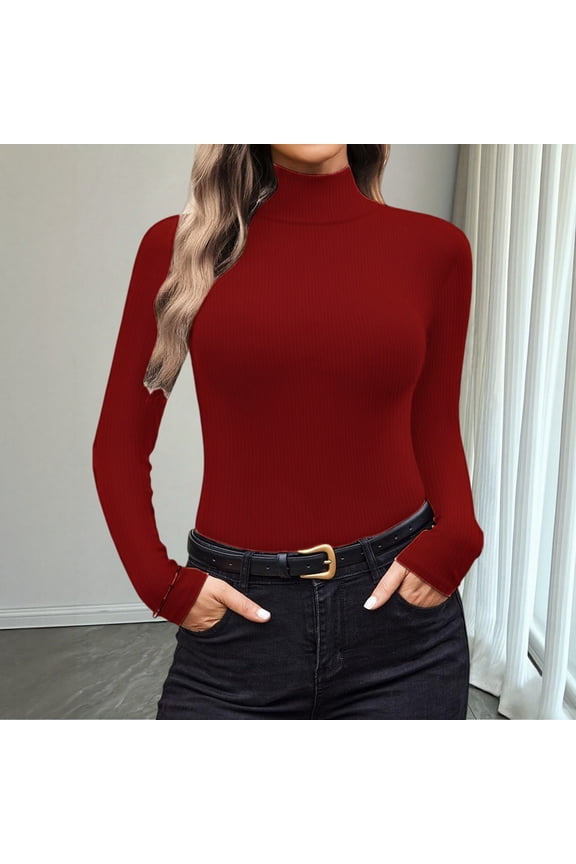Women's Semi-Turtleneck Long Sleeve Top, Ribbed Texture Slim Fit Blouse, Soft Stretch Layering Piece, Lightweight Comfort Wear, Casual Fashion Basic Tee, Everyday Second Skin Feel Wine S