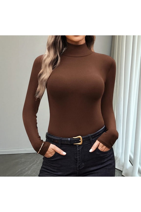 Women's Semi-Turtleneck Long Sleeve Top, Ribbed Texture Slim Fit Blouse, Soft Stretch Layering Piece, Lightweight Comfort Wear, Casual Fashion Basic Tee, Everyday Second Skin Feel Coffee S