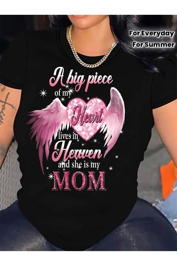 Women's Sentimental Angel Wings Heart MOM Tribute Graphic T-Shirt, Loving Remembrance Mother's Day Heaven Memorial Summer Everyday Casual Top